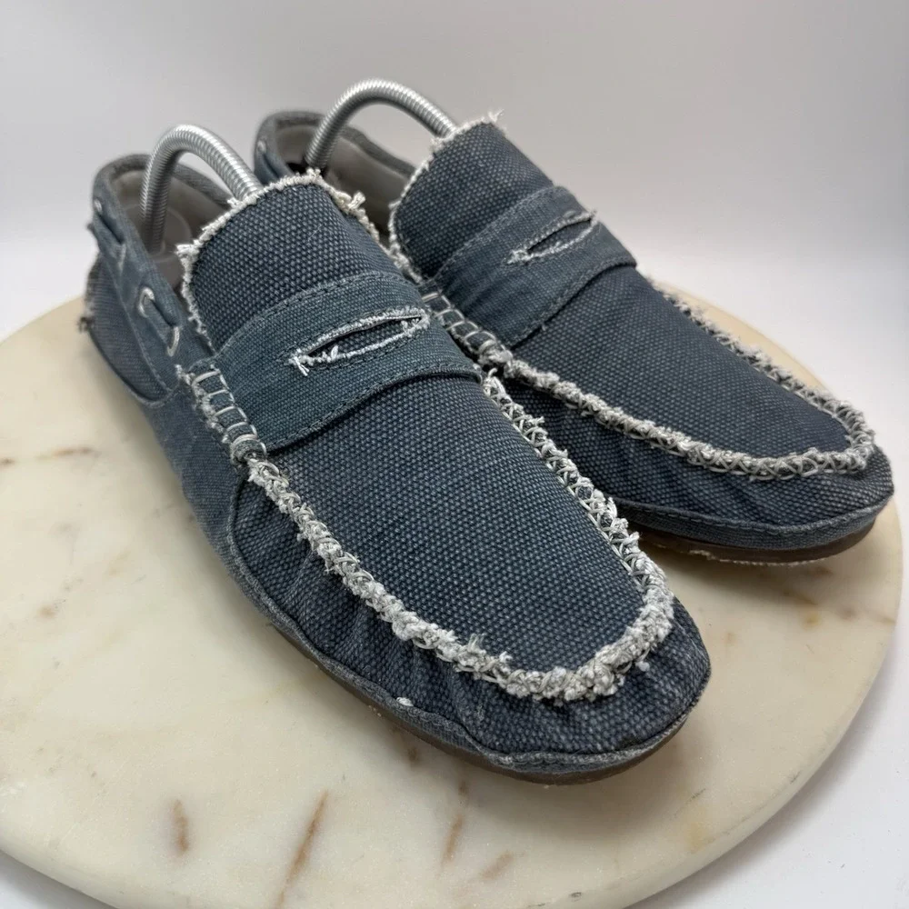 True Religion Mens Slip On Loafers Size US 10 Blue Distressed Canvas Textile